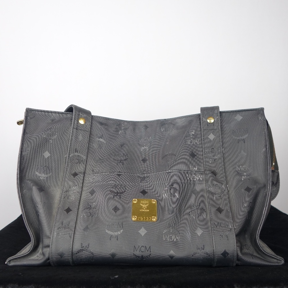 Vintage MCM Visetos Monogram Black Nylon Shoulder Tote Bag, Size Large